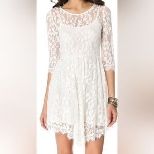Free People Cream Floral Pattern Lace Dress Size 8 Skater Girl Lined Half Sleeve